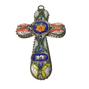 Vintage Micromosaic Cross Pendant Italy Style Millefiori Mosaic Floral Religious